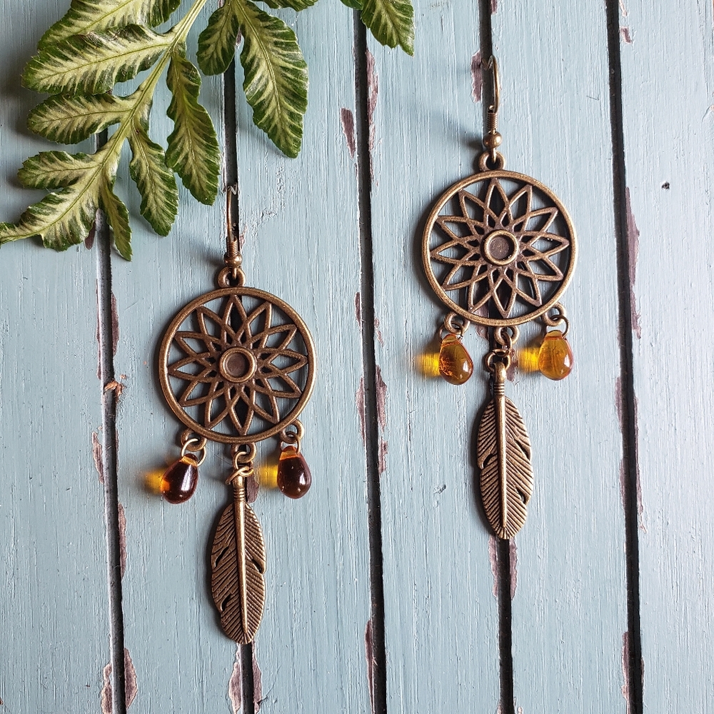 Handmade Bohemian Dreamcatcher Czech Honey Teardrop Boho Earrings